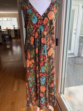 Tianello Brown Maxi Dress with Orange & Teal Floral Print